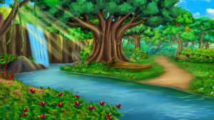 Forest river background for animation scenes, storytelling videos, YouTube animation background, cartoon environment asset Sketlix Jhadna Background